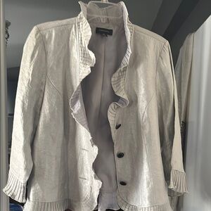 R & M Richards Silver Blazer with Ruffled Trim black jewel buttons like new